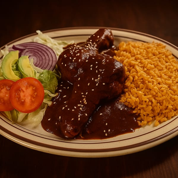 Chicken mole with sesame seeds, Mexican rice, and a side salad with avocado, tomato, and red onion.