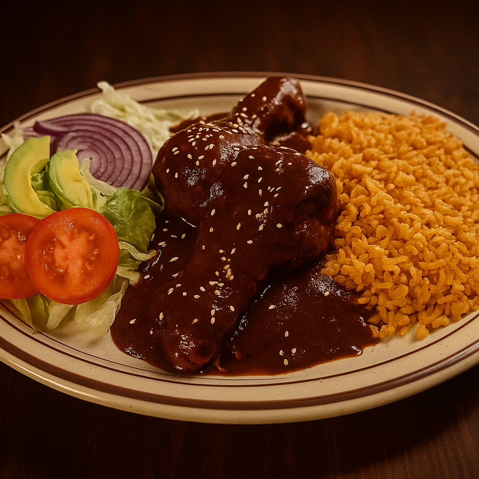 Plate of mole-covered chicken with sesame seeds, Mexican rice, and lettuce salad topped with avocado, tomato, and red onion.