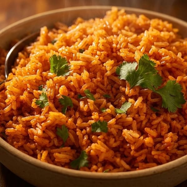 A bowl of vibrant orange Mexican rice, garnished with fresh cilantro, and a spoon.