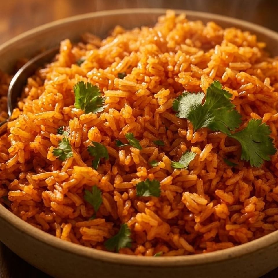 A bowl of vibrant orange Mexican rice, garnished with fresh cilantro, and a spoon.