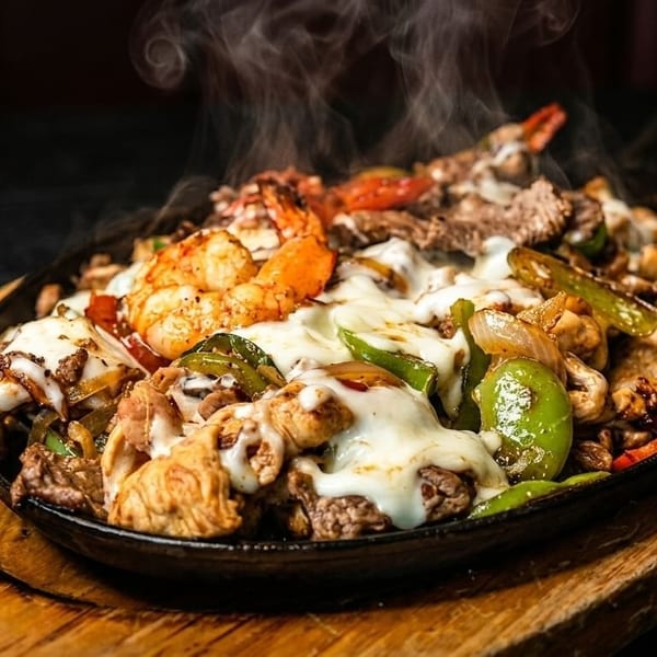 Sizzling fajitas with chicken, steak, shrimp, melted cheese, and vegetables in a cast iron skillet.