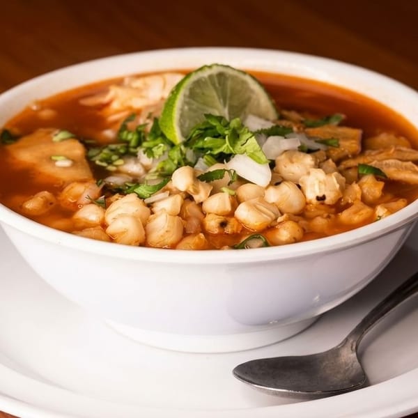 A white bowl of pozole soup with hominy, meat, cilantro, onions, and a lime wedge.