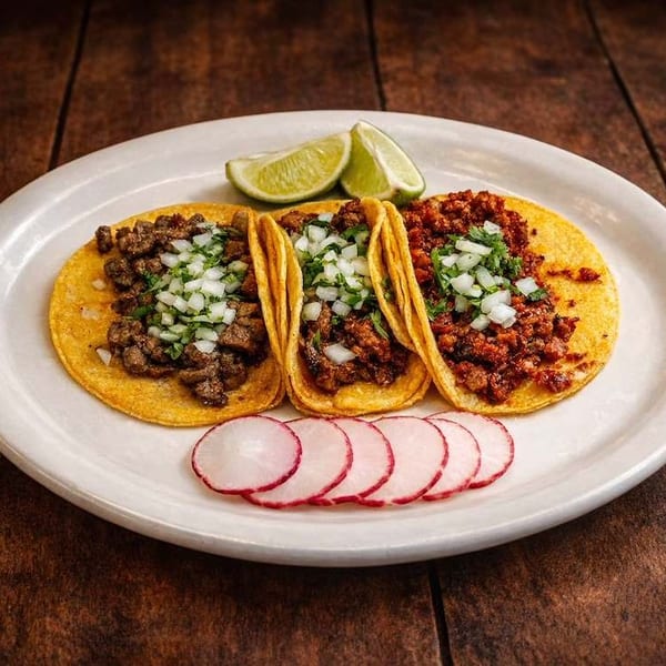 A plate of three street tacos with various meats, onions, cilantro, lime, and radishes.