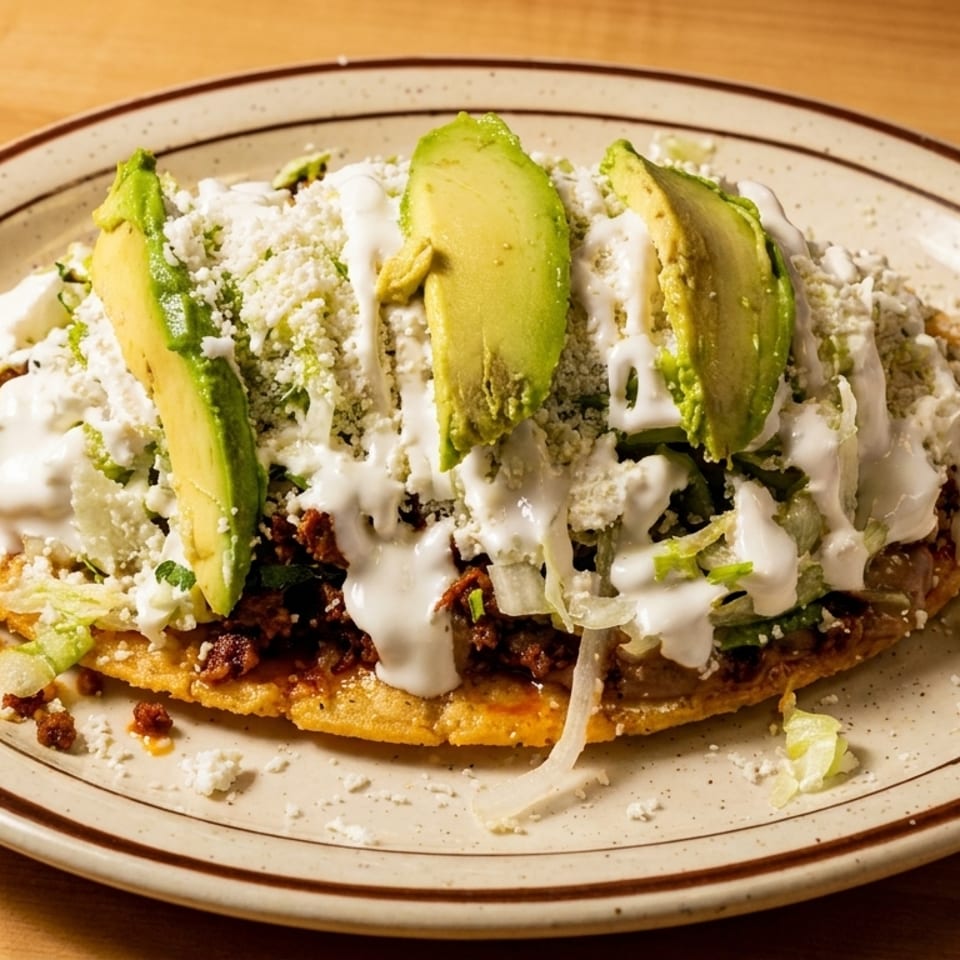 A Mexican sopes dish topped with meat, lettuce, cheese, sour cream, and avocado slices.