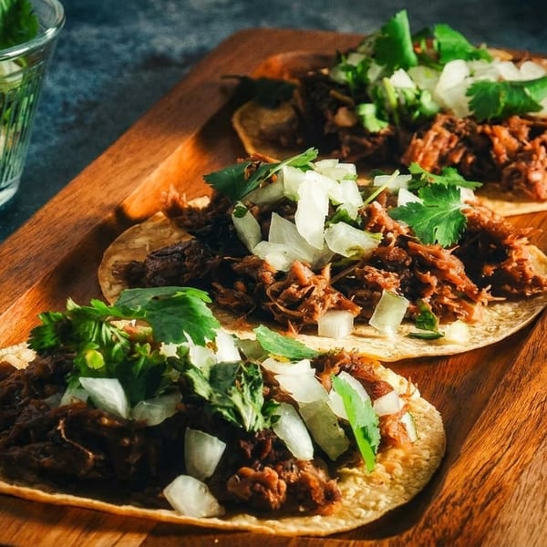 Three delicious tacos with shredded meat, diced onions, and cilantro on a wooden board.