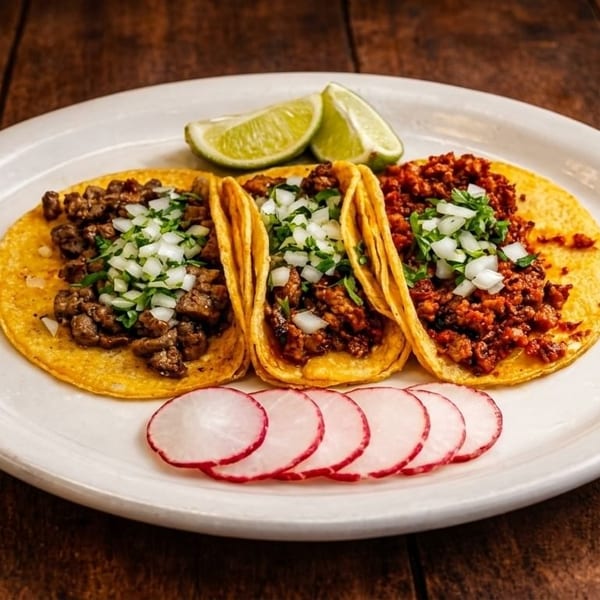 Three street tacos with meat, onions, and cilantro, served with lime wedges and radish slices.
