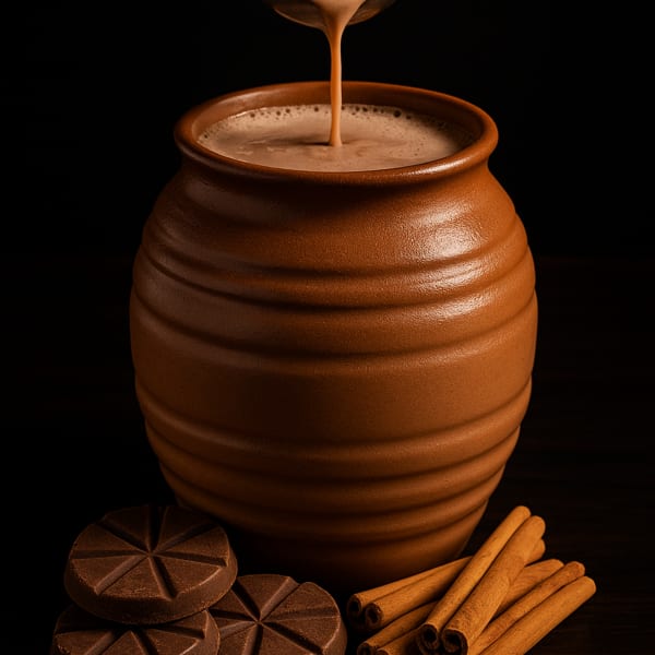 Hot chocolate pours from a ladle into a clay pot, with chocolate discs and cinnamon sticks nearby.