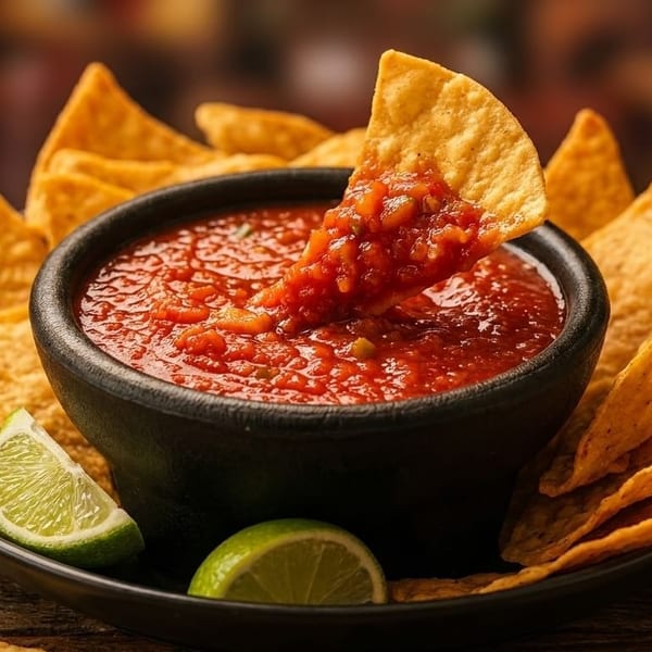 A tortilla chip dipped in a bowl of red salsa, surrounded by more chips and lime wedges.