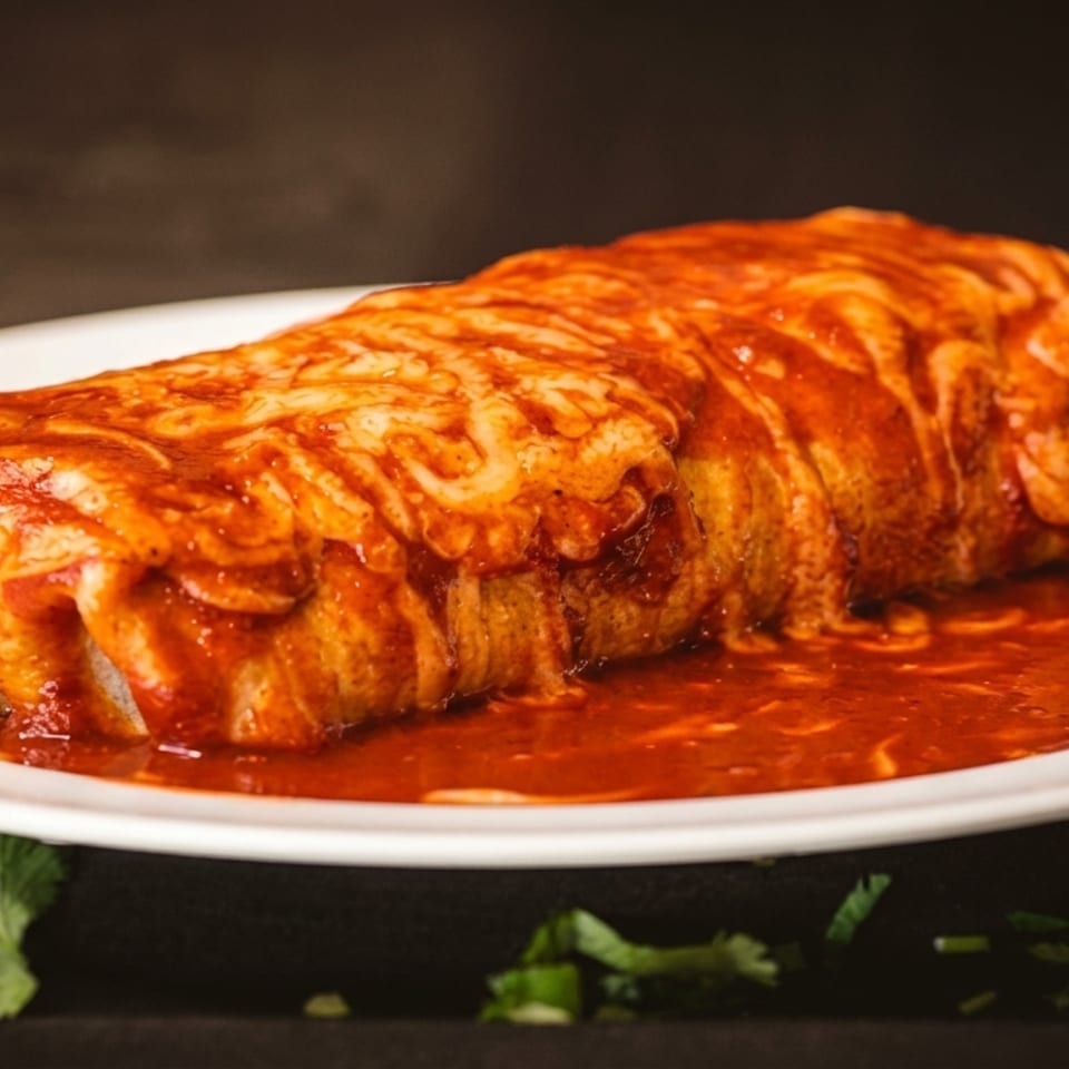 A large, saucy burrito covered in melted cheese and red sauce on a white plate.