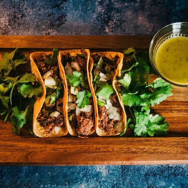Three tacos with meat, onions, and cilantro, with lime wedges and green sauce on a wooden board.