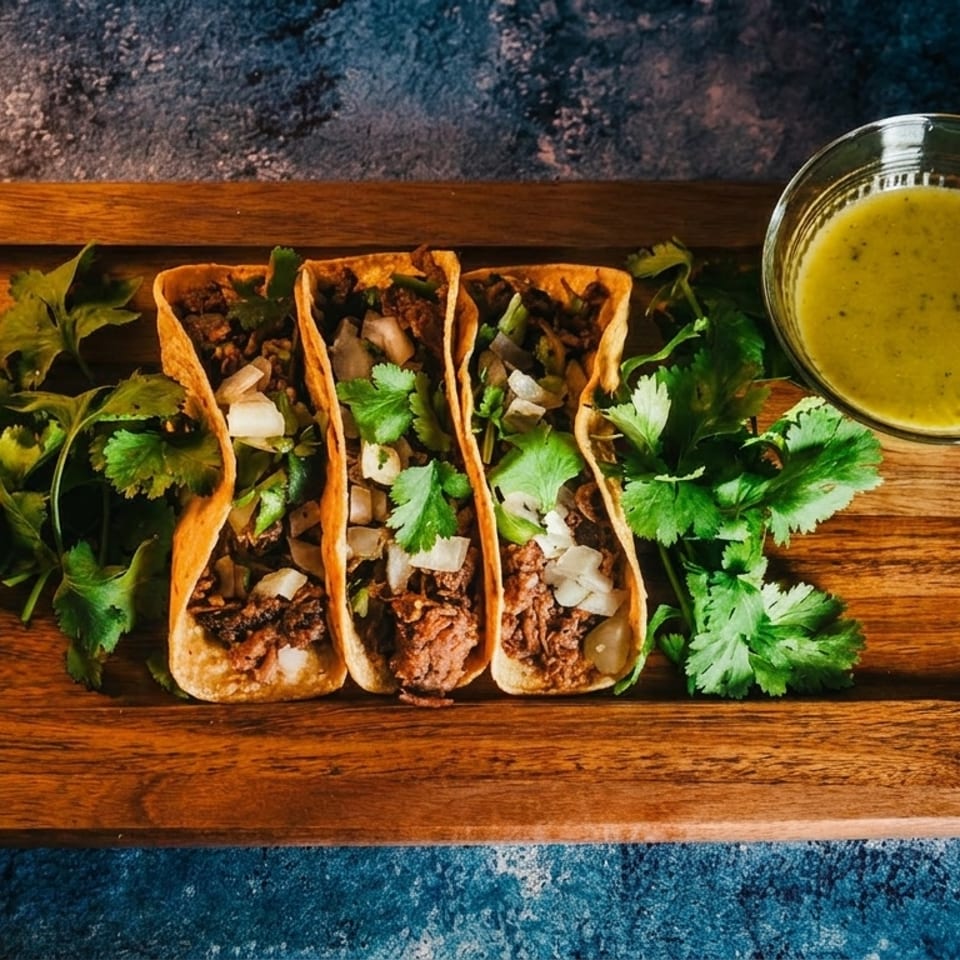 Three tacos with meat, onions, and cilantro, with lime wedges and green sauce on a wooden board.