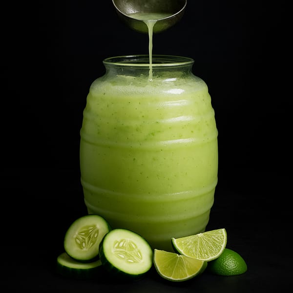 Green cucumber and lime beverage being poured into a glass jar against a black background.